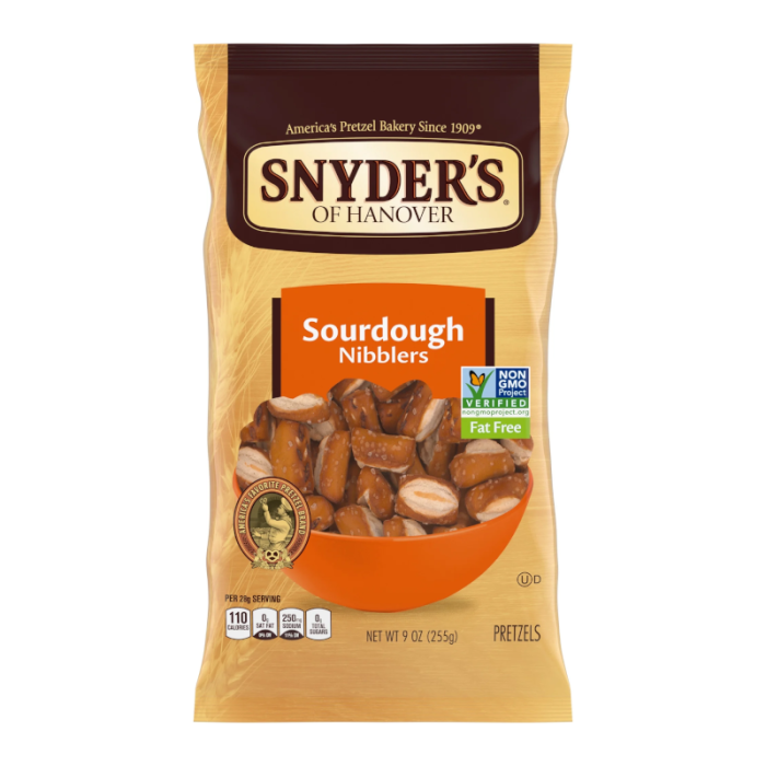 Front of Snyder's Pretzel Sourdough Nibblers bag showing the logo, pretzel imagery, and 255g pack size