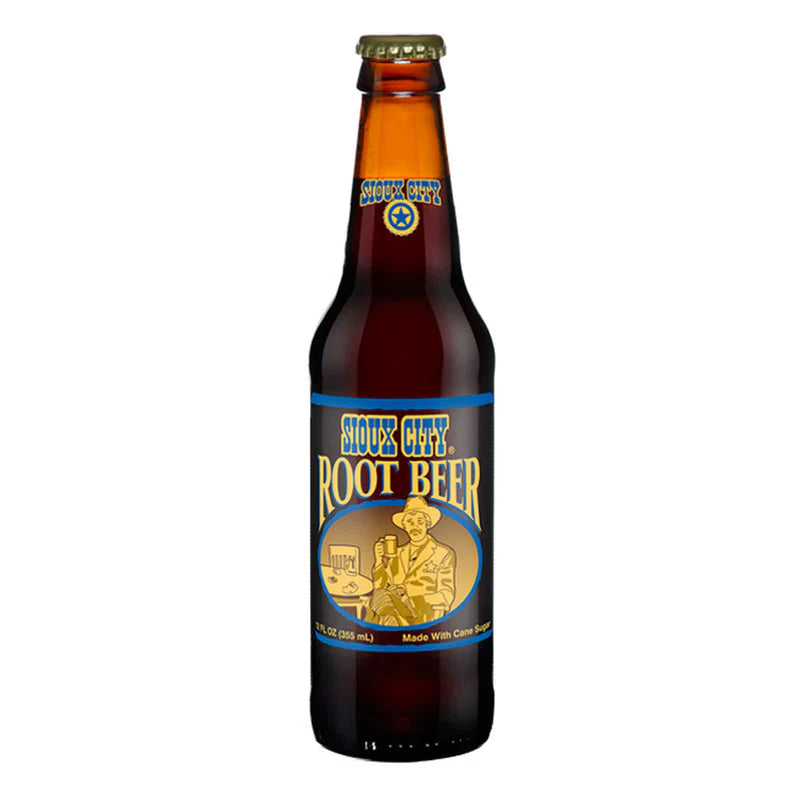 Front of Sioux City Root Beer bottle showing brand logo, root beer label, and image of a vintage character with a drink (330ml pack)