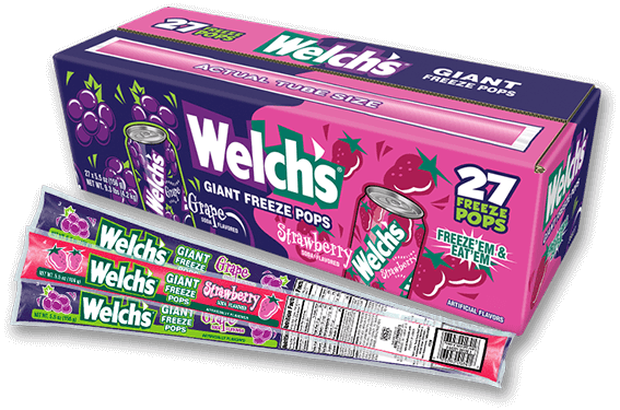 Front of Welch's Soda Giant Freeze Pops box showing logo, grape and strawberry flavours, and details of the 27 pack size.