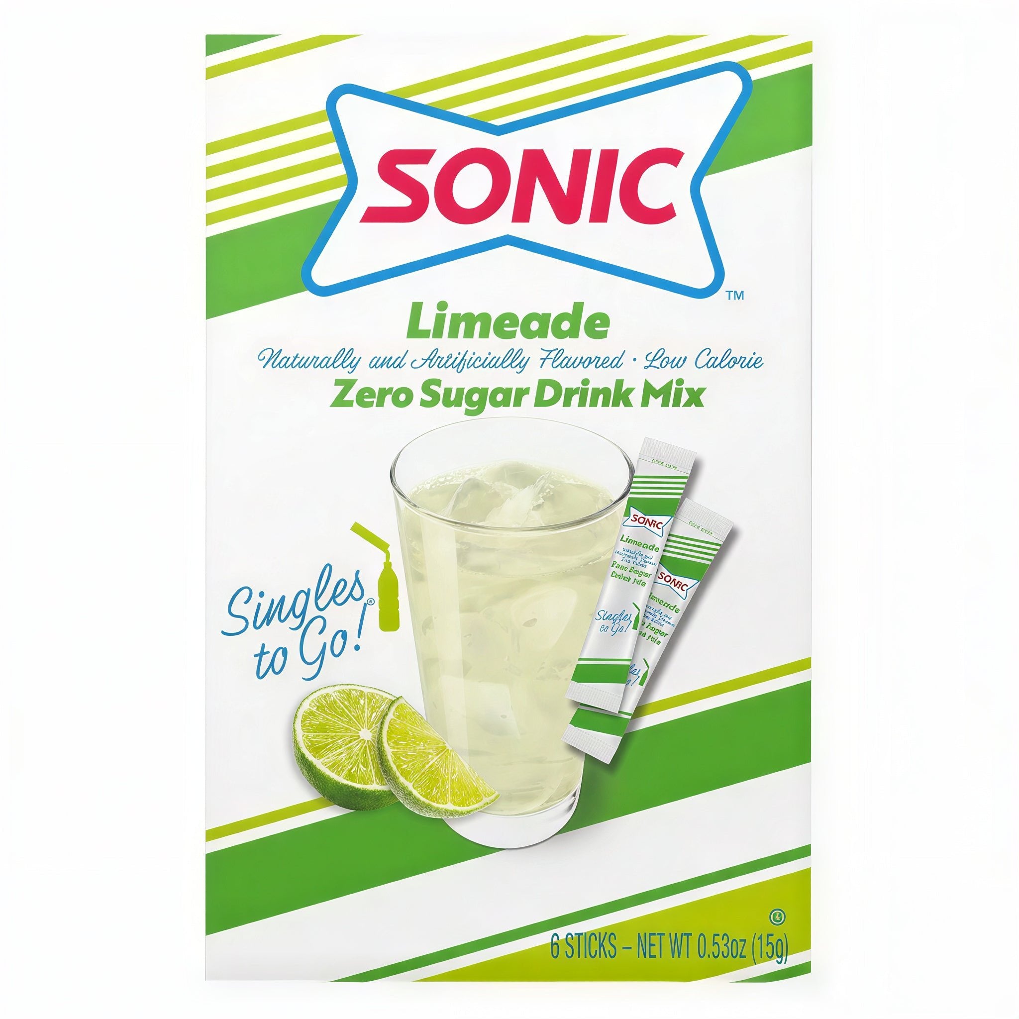 Sonic Limeade Zero Sugar Drink Mix packaging with lime slices on a white background