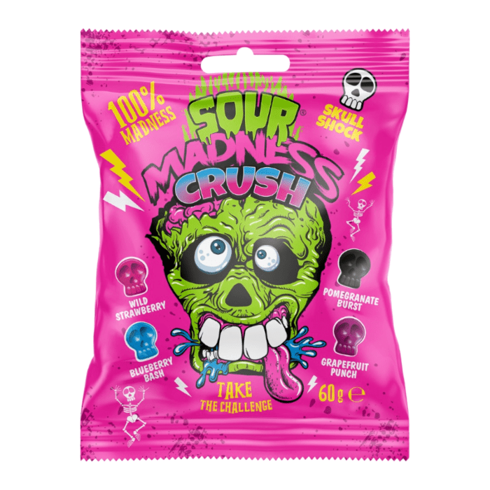 Front of Sour Madness Crush Hard Candies bag showing vibrant packaging with a skull design, featuring the flavours Wild Strawberry, Blueberry Bash, Pomegranate Burst, and Grapefruit Punch (60g pack)