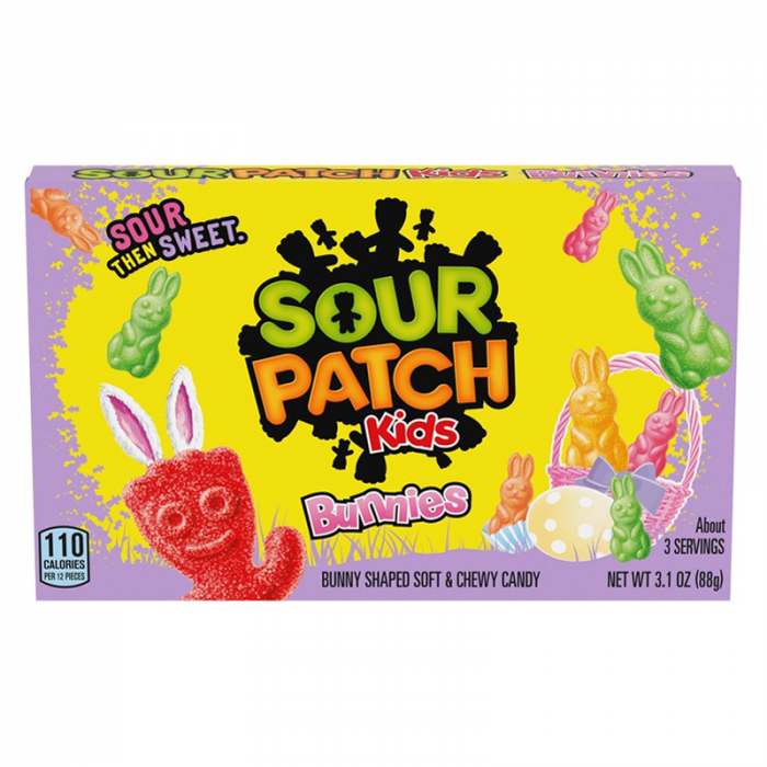 Front of Sour Patch Kids Bunnies Theatre Box showing colourful bunny-shaped candies, playful logo, and 88g pack size