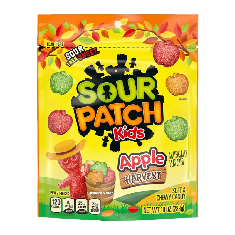 Front of Sour Patch Kids Apple Harvest Mix bag showing vibrant logo, apple-shaped candies, and 283g pack size.