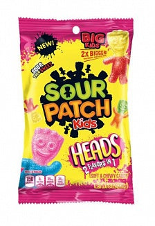 Front of Sour Patch Big Kids Heads bag showing vibrant logo, assorted sour and sweet candy heads, and 226g pack size