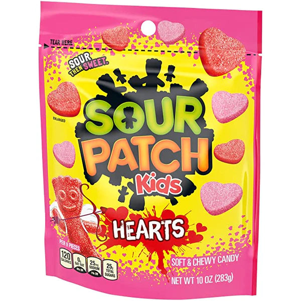 Front of Sour Patch Kids Hearts bag showcasing the vibrant logo, heart-shaped candy pieces, and 283g pack size
