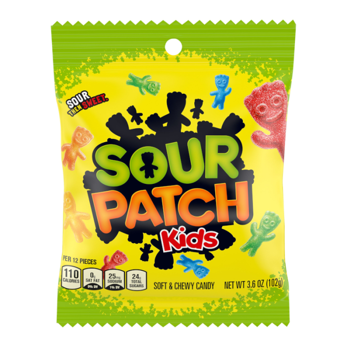 Front of Sour Patch Kids Original bag displaying vibrant yellow packaging, playful characters, and the bold logo (102g pack)