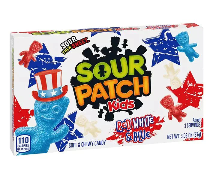 Front of Sour Patch Kids Red, White & Blue Theatre Box showing colourful candy pieces, the brand logo, and pack size of 87g.