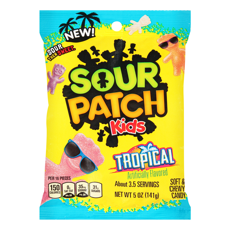 Front of Sour Patch Kids Tropical bag showing bright yellow packaging with green logo, tropical flavour label, and soft chewy candies (102g pack)