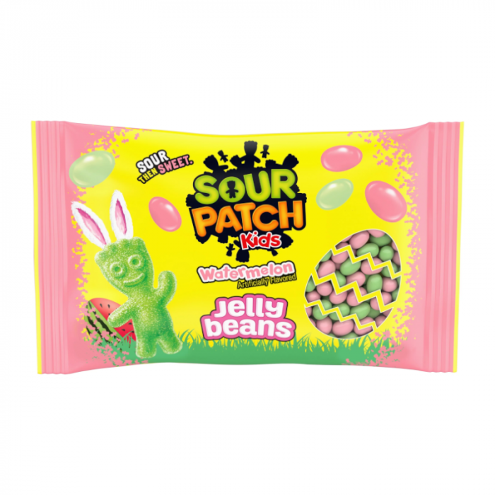 Front of Sour Patch Kids Watermelon Jelly Beans bag displaying the logo, colourful egg-shaped jelly beans, and playful green character (283g pack)
