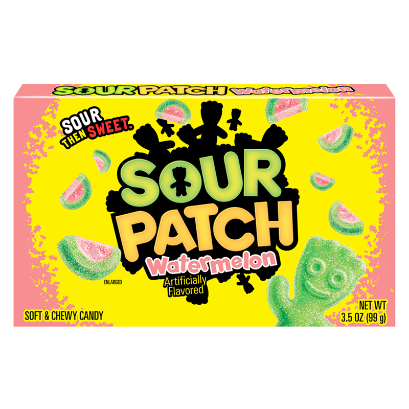 Front of Sour Patch Watermelon Theatre Box showing bright yellow packaging with watermelon-flavoured candies and logo (99g pack)
