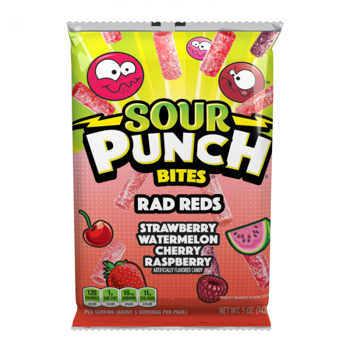 Front of Sour Punch Rad Reds Bites bag showing the logo, colourful chewy candy pieces, and flavours: strawberry, watermelon, cherry, raspberry (142g pack)
