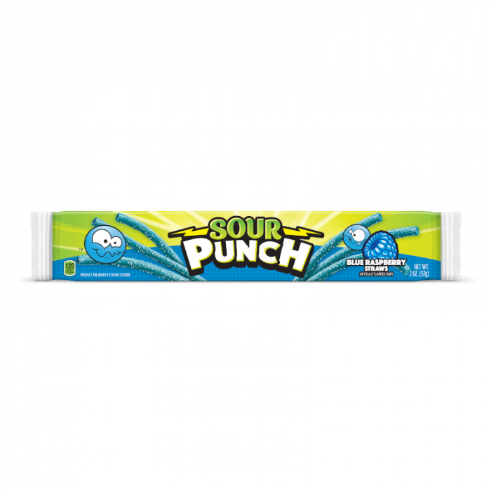 Front of Sour Punch Blue Raspberry Straws pack showing bright blue and yellow colours, featuring blue raspberry flavour label and 57g pack size.