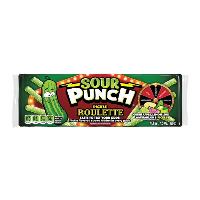 Front of Sour Punch Pickle Roulette pack featuring bright green logo, pickle character, and colourful straws (128g pack)