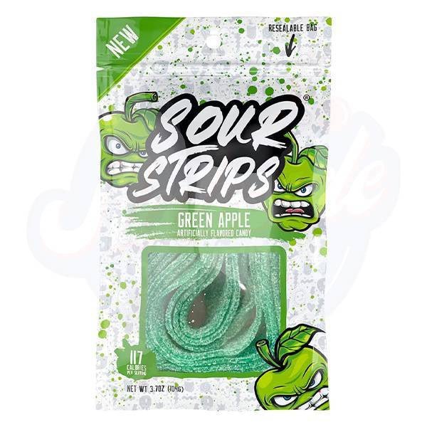 Front of Sour Strips Green Apple bag featuring bold logo, bright green apple graphics, and a view of the chewy candy (96g pack)