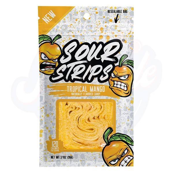Front of Sour Strips Tropical Mango bag featuring bright design with logo, mango flavour, and 96g pack size.