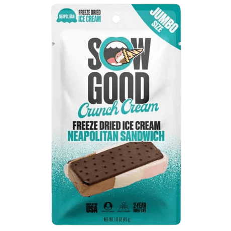 Front of Sow Good Freeze Dried Neapolitan Sandwich pack showing vibrant logo, colourful freeze dried ice cream sandwich and 45g quantity.