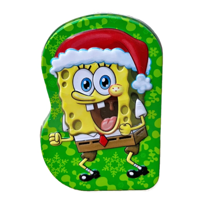 Front of Spongebob Let's Shellebrate Sour Strawberry Candies Tin featuring Spongebob with a festive design and bright colours.