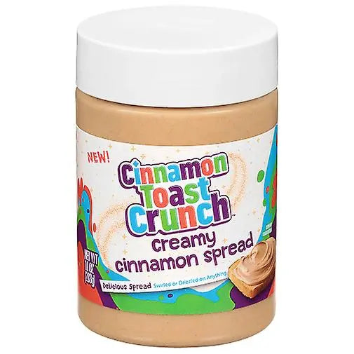 Front of Cinnamon Toast Crunch Spread jar featuring colourful label, creamy cinnamon spread presentation, and 283g pack size.