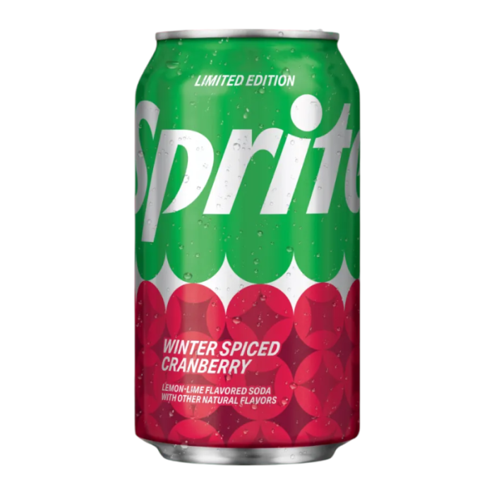 Front of Sprite Winter Spiced Cranberry can showing logo, winter spiced cranberry flavour, and festive design (355ml)