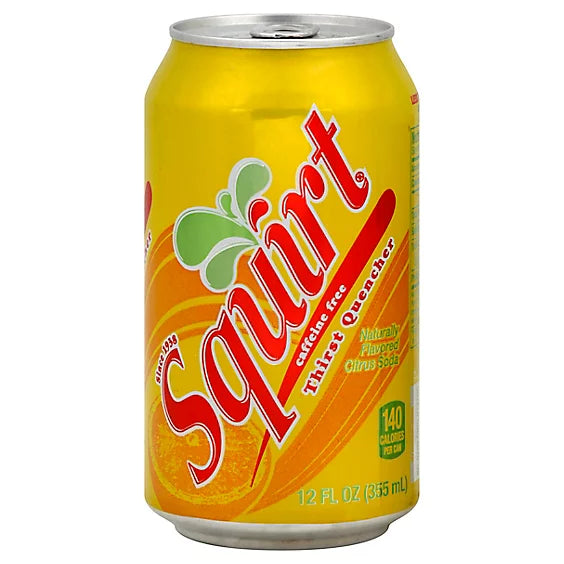 Front of Squirt Grapefruit Soda can showing bright yellow label, grapefruit flavour detail, and pack size of 355ml.