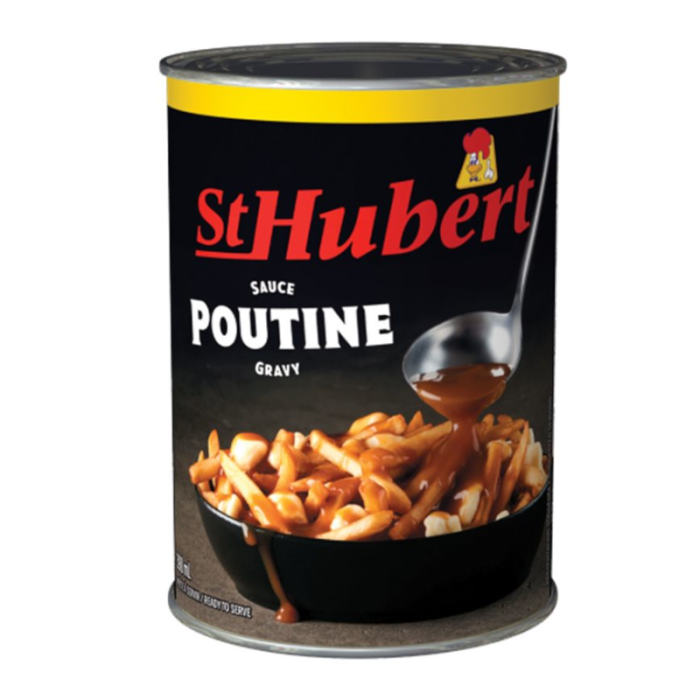 Front of St Hubert Poutine Gravy Sauce can featuring logo, poutine dish image, and product details (398ml)