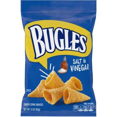 Front of Bugles Salt & Vinegar bag showing the logo, crispy corn snacks, and flavour details (85g pack)