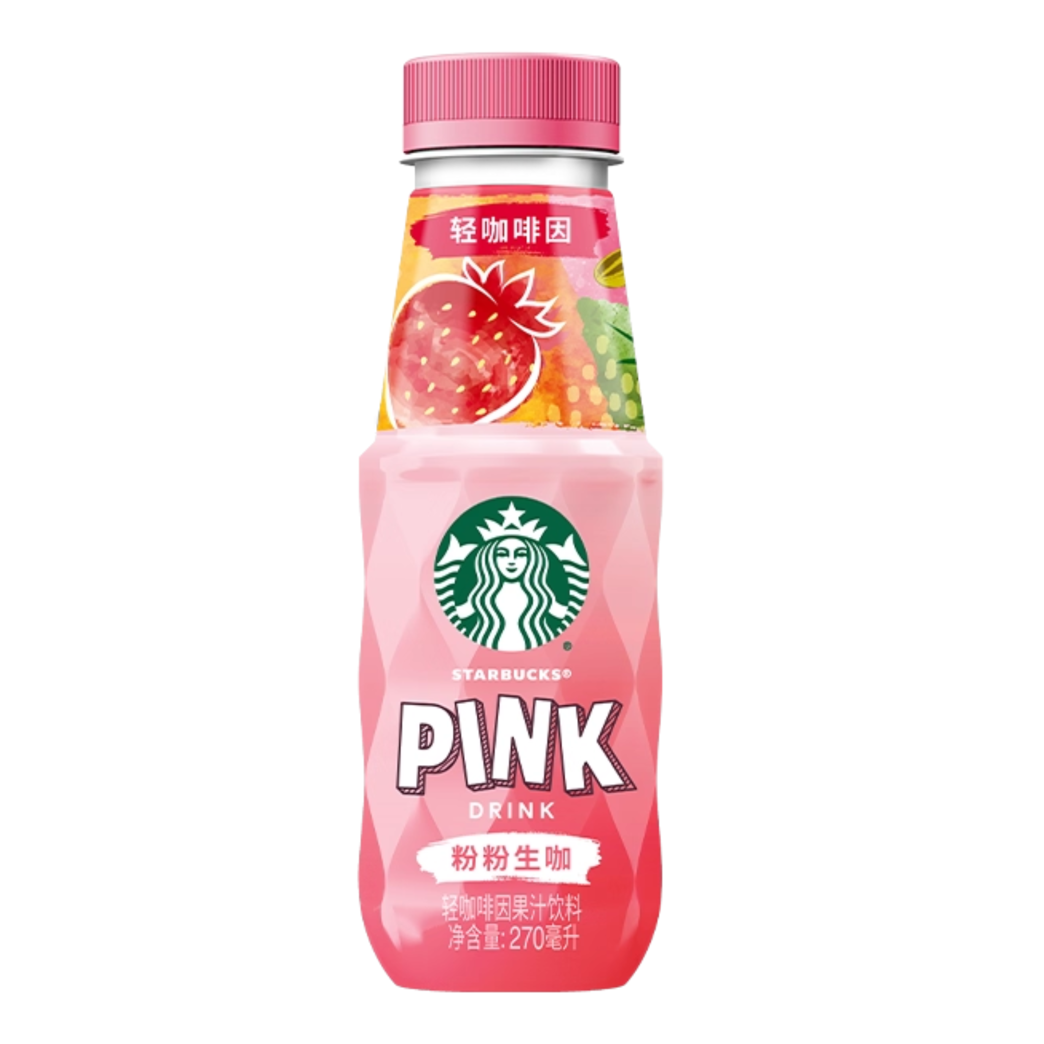 Front of Starbucks Pink Drink Strawberry bottle featuring the logo, bright pink colour, and 270ml size.