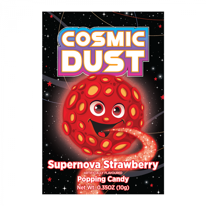 Front of Cosmic Dust Supernova Strawberry Popping Candy packet featuring bright red logo, strawberry flavour illustration, and artwork of a smiling candy character (10g pack)