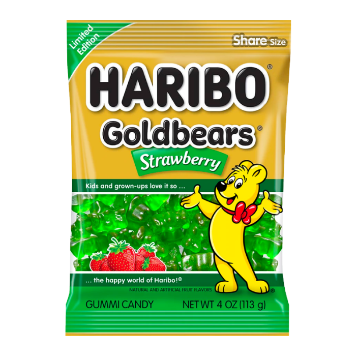 Front of a Haribo Gold Bears Strawberry Limited Edition bag showing the logo, strawberry flavour, gummy bears, and net weight of 113g