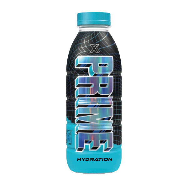 Front of Prime Hydration X Blue Limited Edition Holographic Bottle showing bold logo, holographic design, and hydration details (500ml bottle)