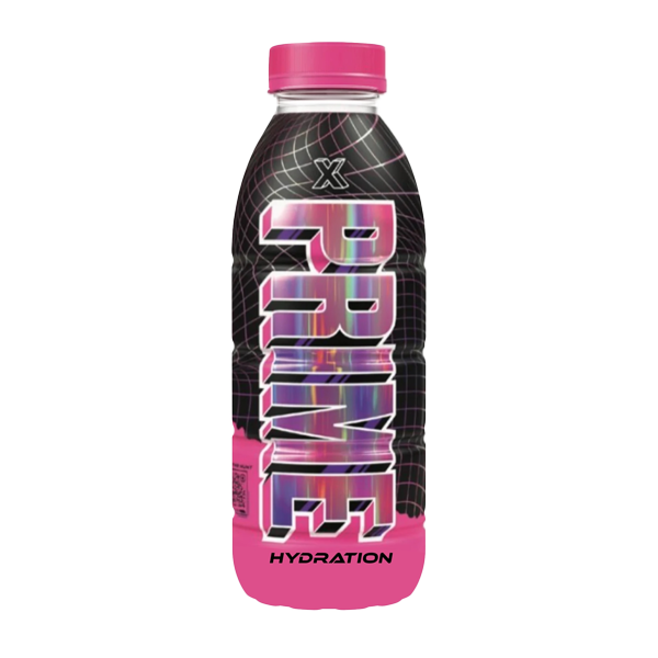 Front of Prime Hydration X Pink Limited Edition Holographic Bottle showing the logo, vibrant holographic design, and hydration text (500ml)