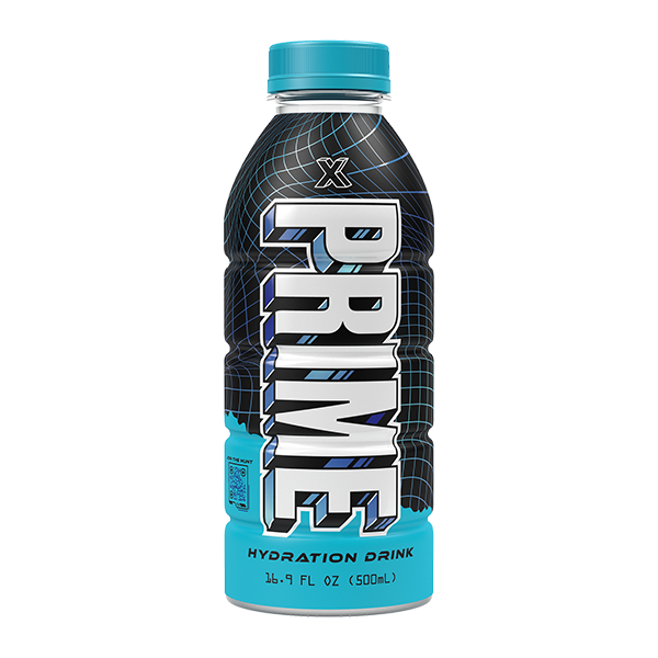 Front of Prime Hydration X Blue Bottle (USA) showing the bold PRÊME logo, hydration drink label, and 500ml pack size.