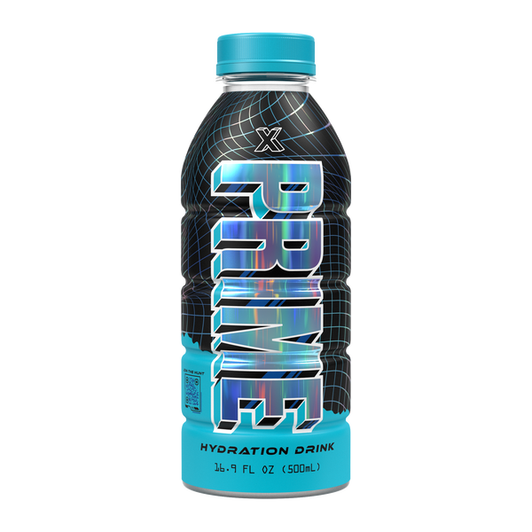 Front of Prime Hydration X Blue Limited Edition Holographic Bottle showing vibrant holographic design and product details (500ml)