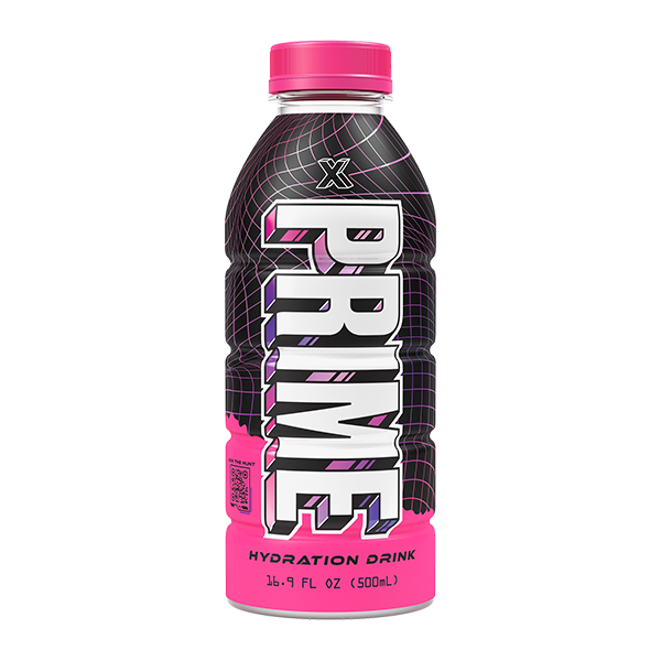 Front of Prime Hydration X Pink Bottle showing bold logo, hydration drink label, and pack size of 500ml.