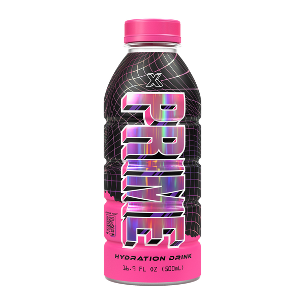 Front of Prime Hydration X Pink Limited Edition Holographic Bottle showcasing vibrant logo and stylish design (500ml)