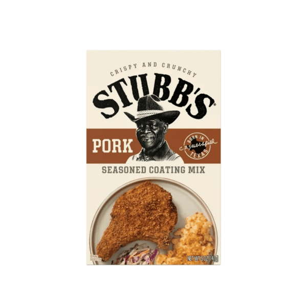 Front of Stubb's Pork Seasoning box displaying the logo, pork flavour label, and a serving suggestion with seasoned pork and sides (141g pack)