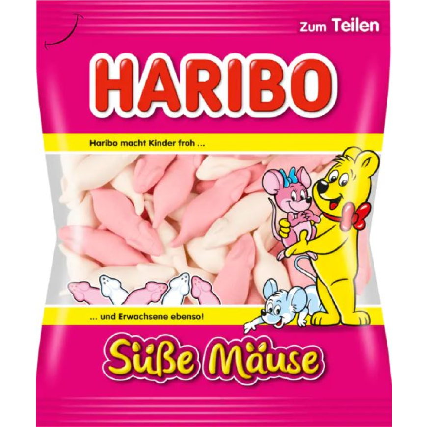 Front of Haribo Susse Mause bag showcasing pink and white mice candies, with the Haribo logo and pack size (175g)