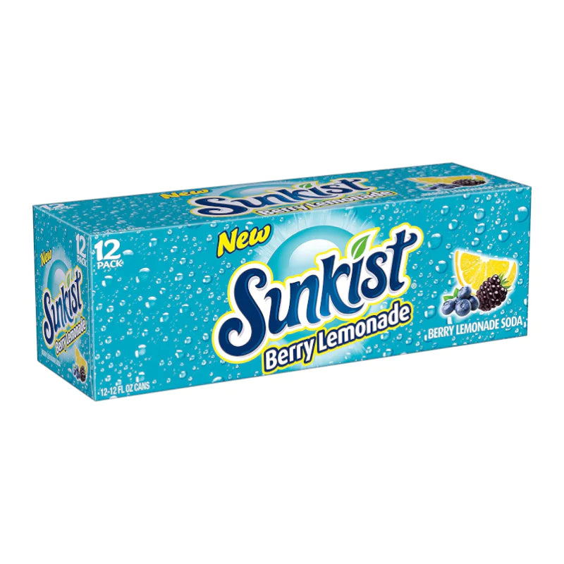 Front of Sunkist Berry Lemonade case showing the logo, berry flavour label, and pack size of 12 (355ml cans)