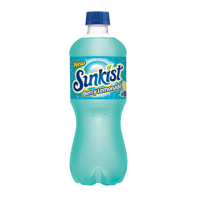 Front of Sunkist Berry Lemonade bottle showing bright blue label, berry flavour text, and 591ml size