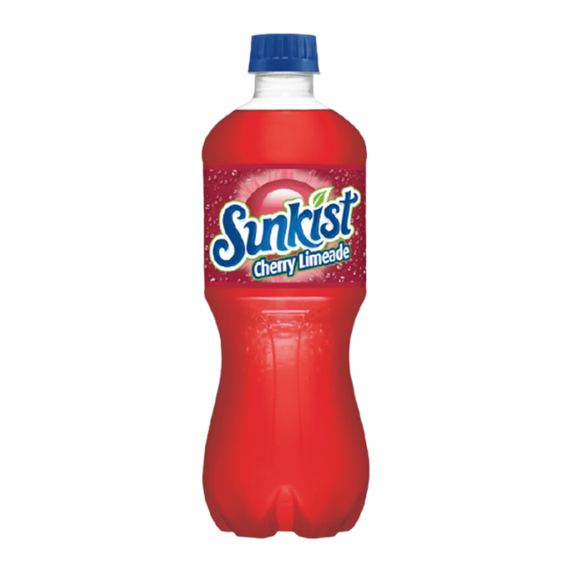 Front of Sunkist Cherry Limeade bottle showing bold blue logo, cherry lime flavour label, and vibrant red drink (591ml pack)