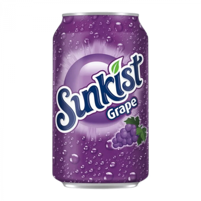Front of Sunkist Grape can displaying the logo, bold grape flavour, and vibrant purple design (355ml pack)
