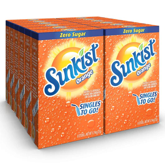 Front of Sunkist Orange Singles to Go box showing vibrant orange packaging with logo and indication of zero sugar, containing 12 packs (252g total)