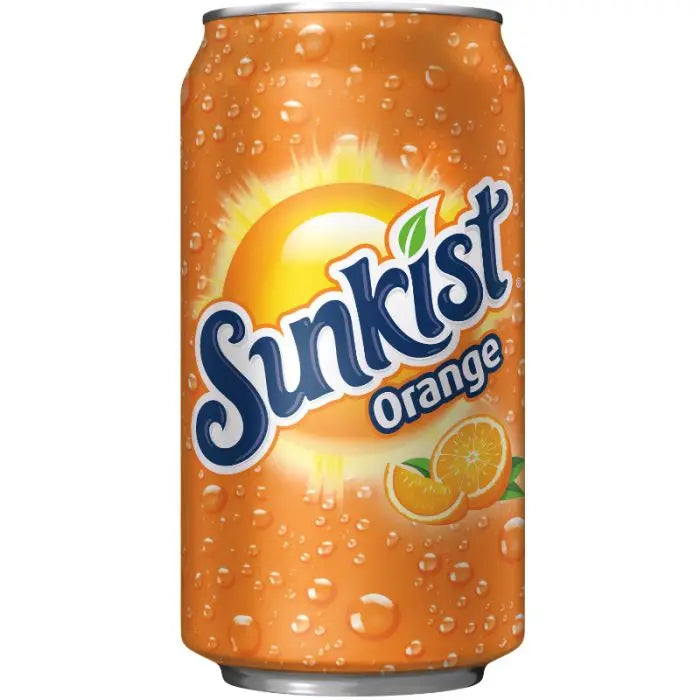 Front of a Sunkist Orange can showing bright orange design, logo, and refreshing soda imagery (355ml)