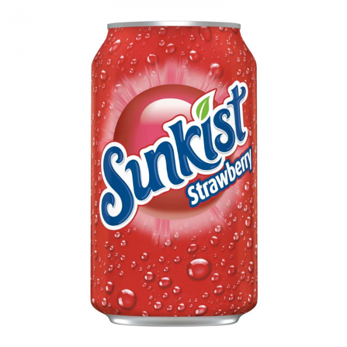 Front of Sunkist Strawberry can showing the logo, vibrant red background, and refreshing bubbles (355ml pack)