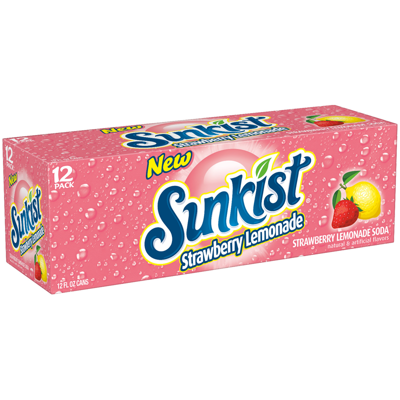 Front of Sunkist Strawberry Lemonade case showing pink packaging with logo, strawberry and lemon graphics, and 12 pack of 355ml cans