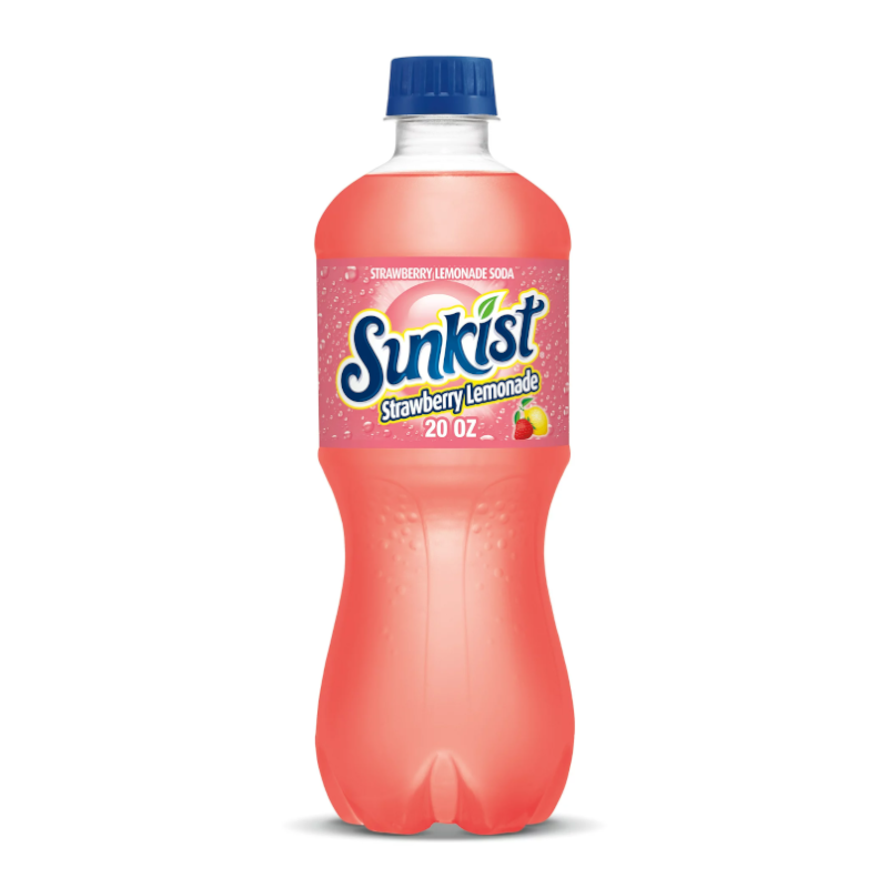 Front of Sunkist Strawberry Lemonade bottle featuring bright logo and a refreshing pink soda label (591ml)