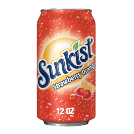 Front of Sunkist Strawberry Orange can featuring vibrant design with logo, strawberry and orange imagery, and 355ml size.