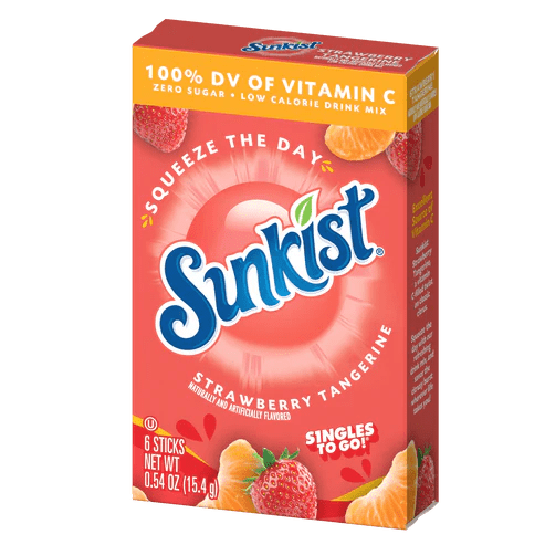 Front of Sunkist Strawberry Tangerine Singles To Go box showing brand logo, strawberry and tangerine imagery, and 6 sticks (15.4g) pack.