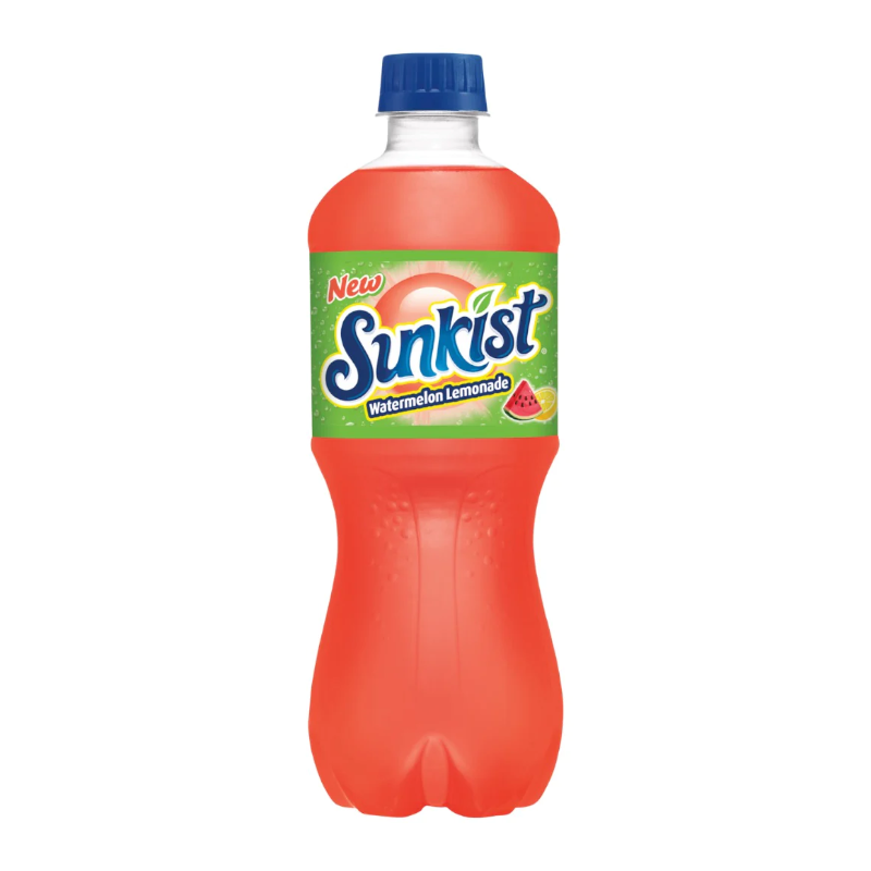 Front of Sunkist Watermelon Lemonade bottle showing bright label with logo, watermelon flavour details, and a 591ml size.
