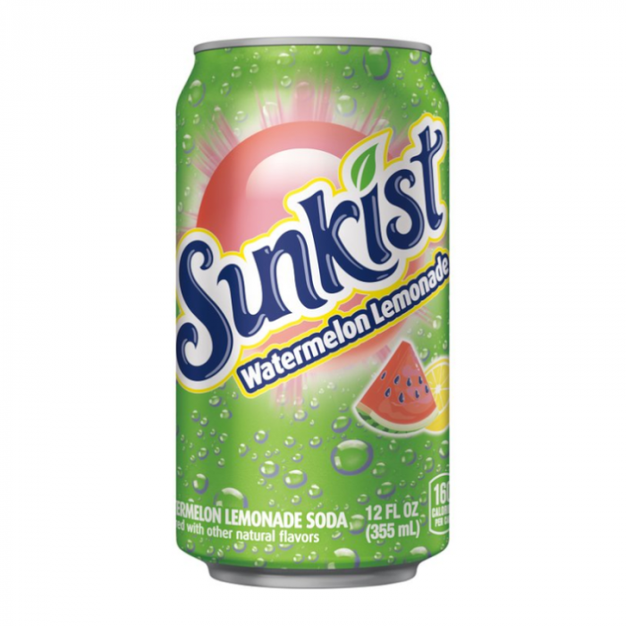 Front of a Sunkist Watermelon Lemonade can featuring vibrant green design, watermelon graphics, and the product name with 355ml label.